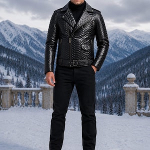 Luxury Python Embossed Genuine Leather Biker Jacket for Men | Handmade Black Motorcycle Leather.