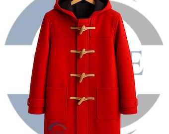 Handcrafted Red Wool Duffle Coat with Hood & Wooden Toggles – Timeless Winter Fashion Statement.