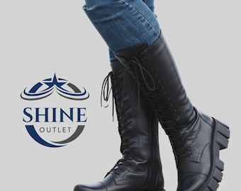 Womens Black Knee-High Platform Combat Boots: Gothic Punk Fashion