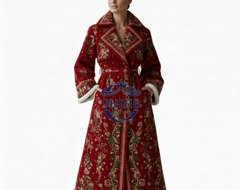 May include: A long, red coat with an intricate floral pattern and a matching belt. The coat features a wide collar, white fur trim on the cuffs, and the text "SHINE COUTURE" in a blue emblem.