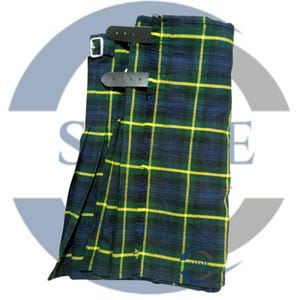 May include: A traditional kilt in a tartan pattern of navy blue, green, and yellow. The kilt features pleats and leather straps with silver buckles for adjustment. The fabric has a fringed edge.
