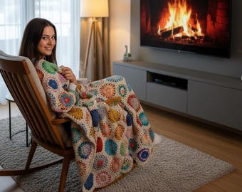 Handmade Organic Cotton Granny Square Blanket – Crochet Afghan Throw