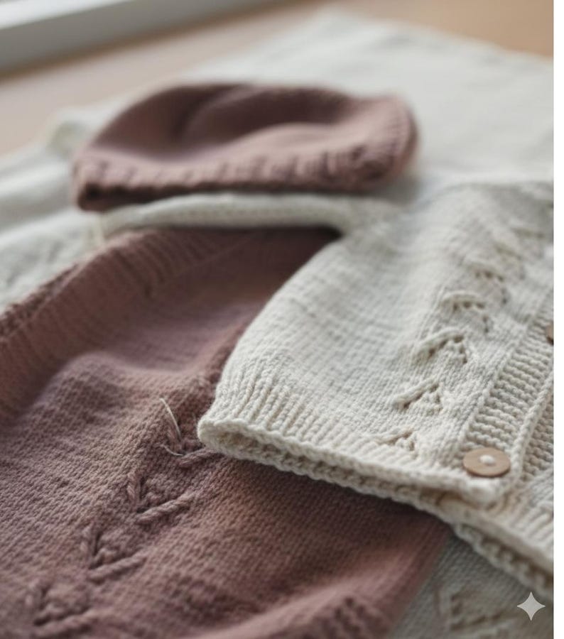 Handmade organic cotton knit baby outfit set including sweater, romper, booties, hat, and blanket. Made from 100% GOTS-certified organic cotton yarn, soft, breathable, and gentle on newborn skin. Available in multiple variations: hat and socks, hat socks cardigan, hat cardigan romper, or full 5-piece set. Custom color combinations available. Perfect for baby showers, coming-home outfits, or newborn photoshoots.
