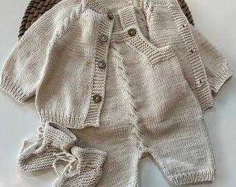 Neugeborenen Set aus Bio-Baumwolle, Handgestrickte Strickjacke Romper Booties, neutrale Babykleidung