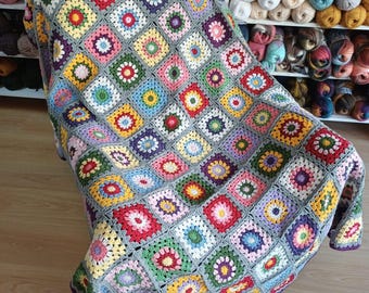 Crochet Granny Square Blanket, Handmade Colorful Afghan Throw, Patchwork Sofa Blanket, Boho Home Deco
