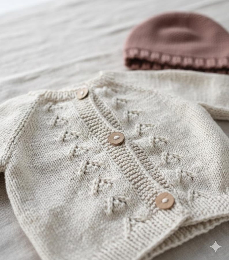 Handmade organic cotton knit baby outfit set including sweater, romper, booties, hat, and blanket. Made from 100% GOTS-certified organic cotton yarn, soft, breathable, and gentle on newborn skin. Available in multiple variations: hat and socks, hat socks cardigan, hat cardigan romper, or full 5-piece set. Custom color combinations available. Perfect for baby showers, coming-home outfits, or newborn photoshoots.
