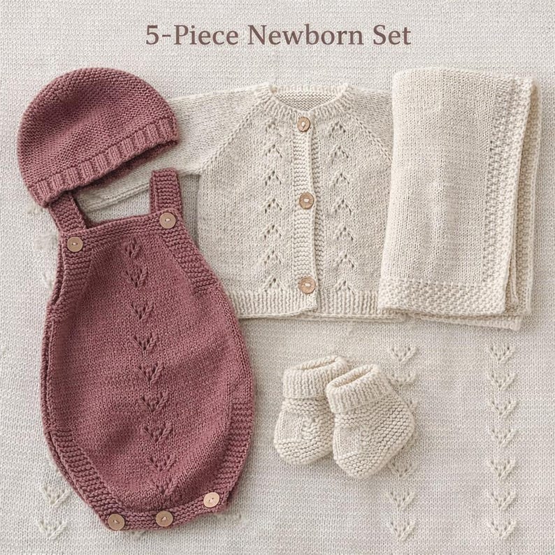 Handgefertigtes Bio Baumwollstrick Baby Outfit 5-teiliges Newborn Set Bild 2