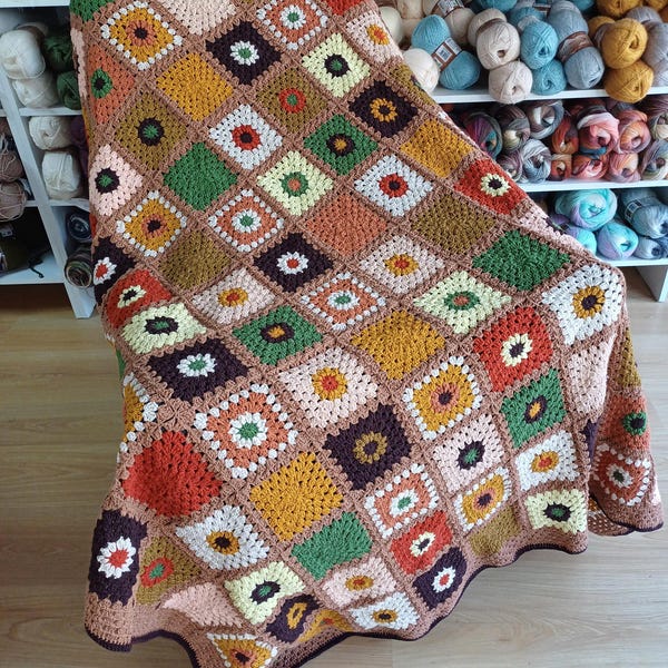 Handmade Granny Square Blanket, Boho Crochet Throw, Earth Tone Afghan, Cottagecore Blanket