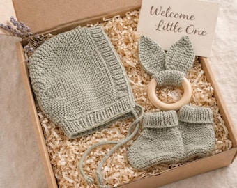 Handmade Knit Baby Geschenk Set, Neugeborenen Baby Shower Geschenk, Geschenkbox aus Bio-Baumwolle