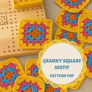 May include: Yellow crocheted granny squares with pink, blue, and orange center designs. The squares are arranged on a wooden surface. The image includes a circular graphic with the text "GRANNY SQUARE MOTIF PATTERN PDF".