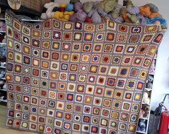 Organic Merino Wool Crochet Blanket, Handmade Granny Square Throw, Colorful Patchwork Afghan, Cozy Sofa Blanket