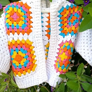 Handmade Organic Cotton Granny Square Crochet Baby Sweater, Spring Cardigan