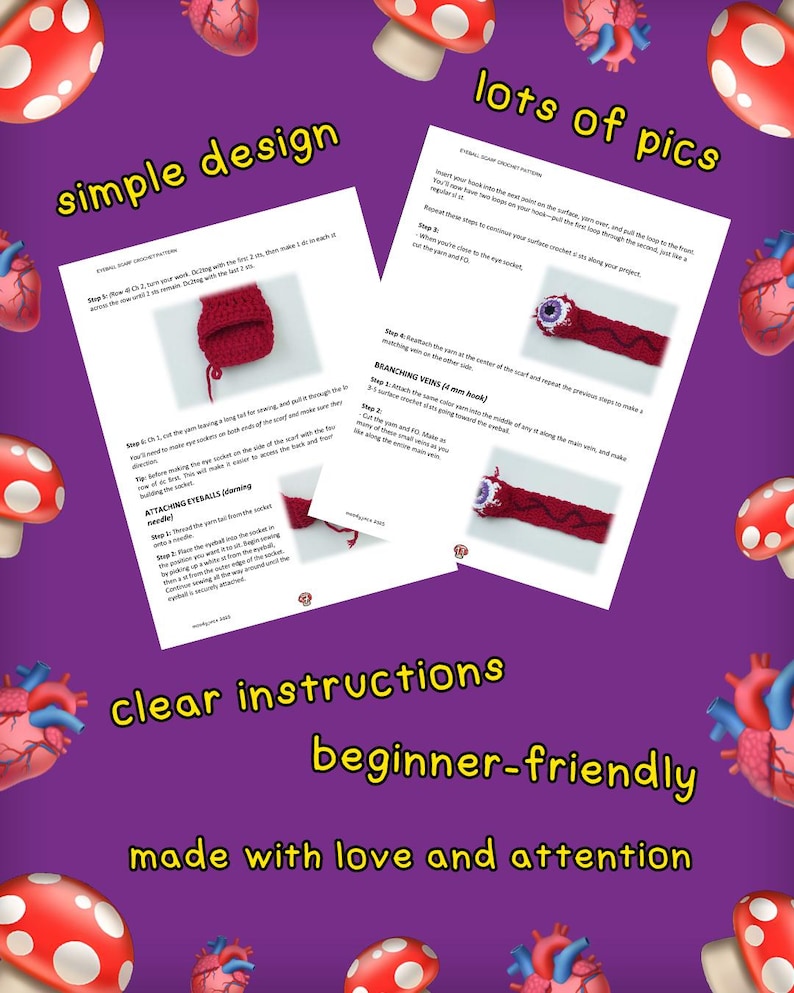 K&ouml;nnte beinhalten: Ein violetter Hintergrund mit H&auml;kelmusteranweisungen. Der Text auf dem Blatt lautet "simple design", "lots of pics", "clear instructions" und "beginner-friendly". Das Bild ist mit Pilz- und Herzillustrationen verziert.
