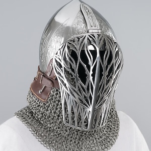 Medieval Visored Bevor Helmet with Face Guard | Knight Armor Replica | 14th Century Bascinet Neck Protection | LARP & Reenactment, Halloween