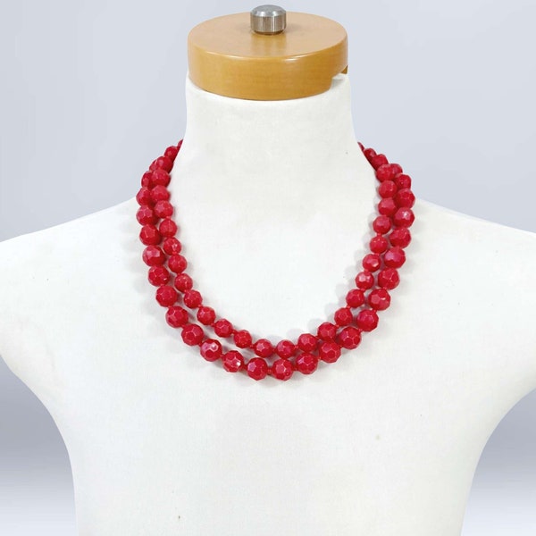 VINTAGE 50s Cherry Red Facet Cut 2 Strand Beaded Necklace Choker Hong Kong | 1950s Mid Century Bubble Gum Bib Necklace | VFG