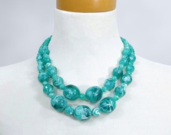 VINTAGE 50s Marbled Translucent Turquoise 2 Strand Beaded Necklace | 1950s Mid Century Bubble Gum Bib Necklace | VFG