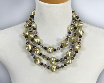VINTAGE 50s Big Chunky Gold Black Aurora Borealis Multi 3 Strand Beaded Necklace Choker | 1950s Mid Century Jewelry Statement Necklace | VFG