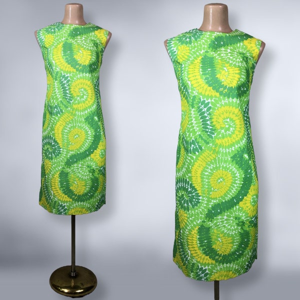 VINTAGE 60s Green & Yellow Psychedelic Print Shift Dress by Fritzi of California 11/12 | 1960s Short Groovy Op-Art Dress | VFG