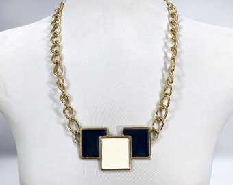 VINTAGE 70s Monet Modernist Necklace Navy Blue & Cream Enamel Gold Chain | 1970s Vintage Big Link Bib Statement Necklace | Vfg