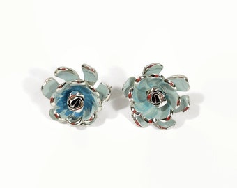 VINTAGE 50s Blue Enamel Rose Screw Back Earrings | Aqua and Silver 3D Clip On | 1950s Costume Jewelry Retro MCM Jewelry Gift | VFG