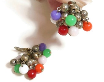 VINTAGE 1950s Tutti Frutti Rainbow and Silver Bead Cluster Clip On Earrings | 40s 50s Retro Carmen Miranda Cha Cha MCM Atomic Jewelry | VFG