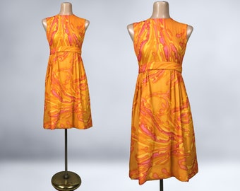 VINTAGE 60s Sheer Orange & Pink Empire Waist Mini Dress Psychedelic Swirl Size Small | 1960s Short Watercolor Cocktail Dress | VFG