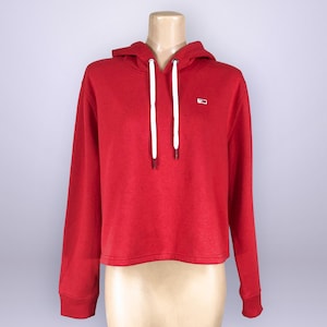 VINTAGE Y2K Tommy Hilfiger Red Hooded Sweatshirt | 2000&#39;s Streetwear Oversized Drawstring Sweater Hoodie | vfg
