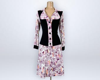 Vintage 70s Art‑Deco Novelty Print Wide Collar Top Skirt Set Two Piece Outfit VFG