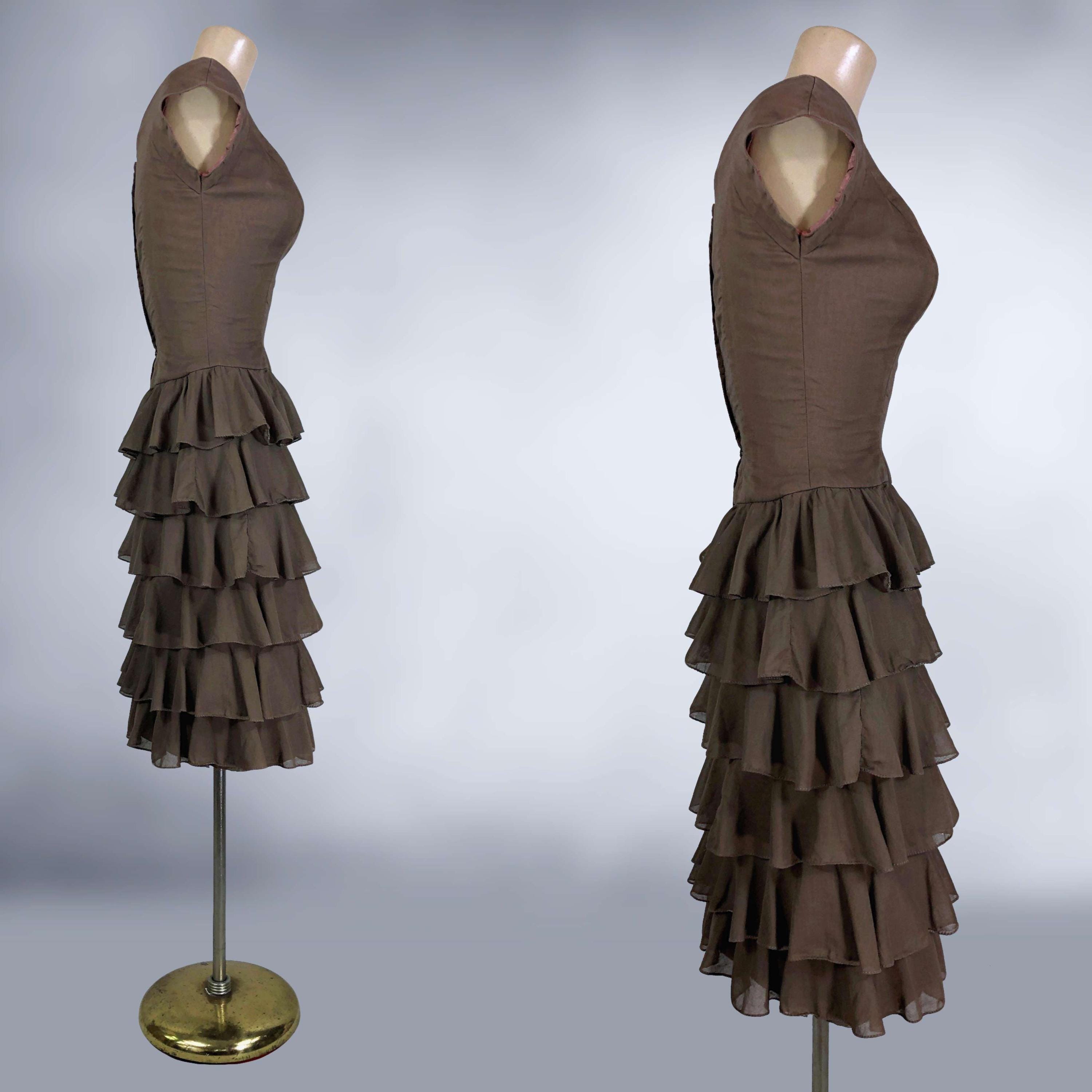 VINTAGE 50s 60s Brown Ruffled Wiggle Dress by Mardi Gras | Voile ...