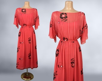 VINTAGE jaren '80 Olga Levantin koraalrode Franse zijde chiffon jurk maat 6 | Jaren '70 Jaren '80 Designer Vintage Hibiscus Print Pure Jurk | VFG