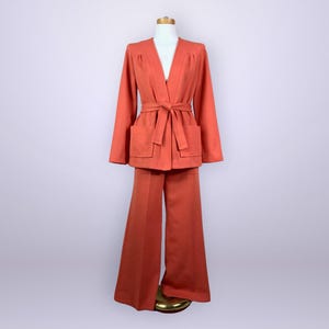 VINTAGE 60s 70s Jantzen Wool Knit Pantsuit Flared Pants & Jacket Set 14 | 1969 Ladies 3-Piece Orange Hostess Suit | Smilewear Collection VFG