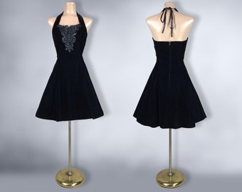 VINTAGE 80s 90s Black Velvet Mini Crinoline Party Dress By JUMP | 1980s 1990s Sweetheart Halter Neck Prom Dress | VFG