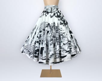 Falda circular vintage mexicana de los años 50 pintada a mano, estilo arte popular en blanco y negro, cintura de 81 cm (32"). Muy buen estado.