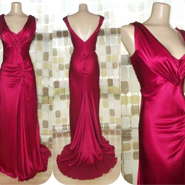 Vintage 90s 30s Crimson Red Silk Bias Harlow Gown M/L Formal Dress With Train Flapper Gatsby