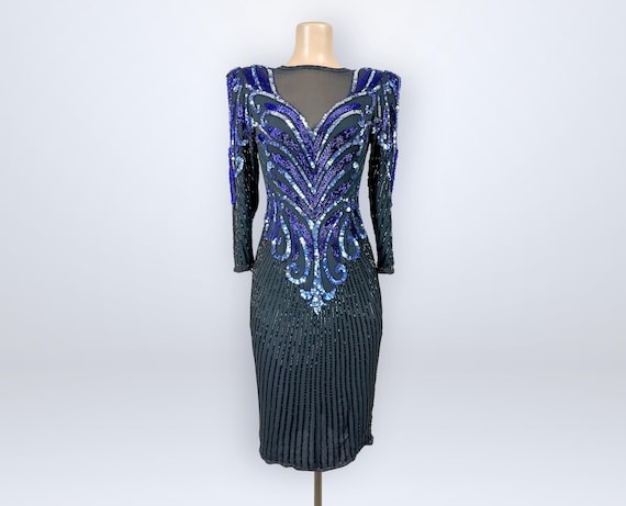 blue and silver dress illusion Vintage 80s Fully Beaded Sequin Mesh Cocktail AJ Bari VFG By Anthropologie Asymmetrical Floral feature:ruffle-1 Size:8p Bead Embellished