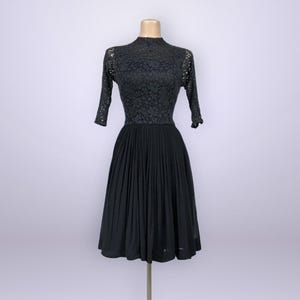 VINTAGE 50s 60s Black Lace & Chiffon Party Dress | 1950s Fit n Flare Cocktail Dress | Pin-Up Rockabilly | VFG