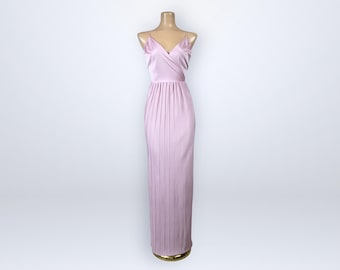 Vintage 70s Pink Knife Pleated Deep Plunge Maxi Dress Grecian Disco Evening Gown VFG