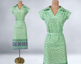 VINTAGE 60s 70s Green Geometric Print Mod Scooter Dress by NPC Fashions Sz 12 | 1960s 1970s Belted Shift Dress M/L | VFG