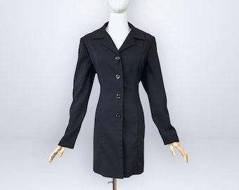 Vintage 90er Jahre Schwarz Extra Lang Taillierte Blazer Jacke 14 | Bruch lockerer femininer Schnitt | VFG