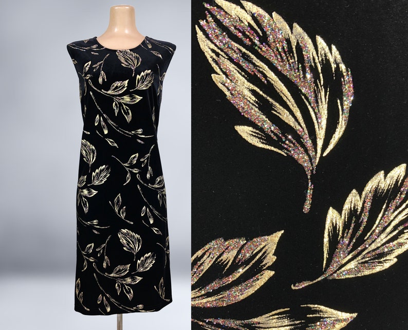 VINTAGE 80s 90s Black Velvet and Gold Metallic Painted Shift Dress By Maggie Sweet 1X Plus Size 1990s Holiday Collection Party Dress VFG image 10