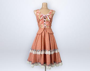 Rare Vintage 1970s Homespun Ltd Two-Piece Corset Skirt Set Prairie Calico Gunne Sax VFG