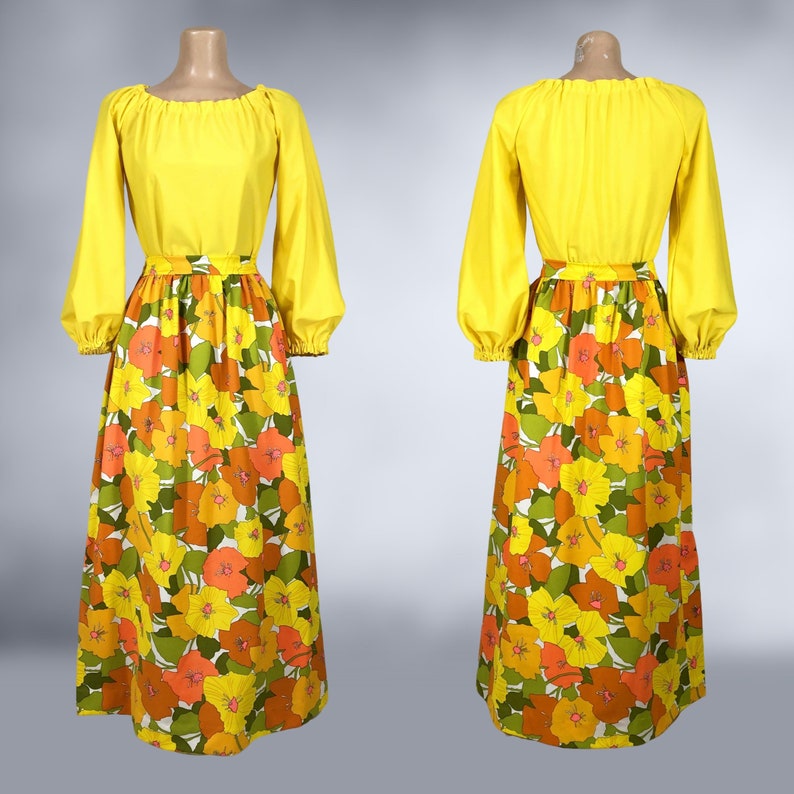 VINTAGE 70s Flower Power Maxi Skirt and Balloon Sleeve Blouse Set 1970s Handmade Off Shoulder Top Skirt Outfit Thompson California vfg image 2