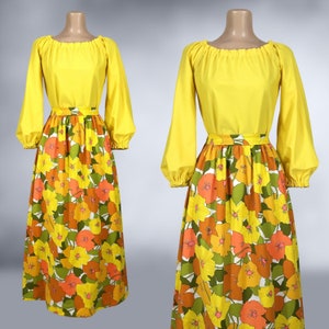VINTAGE 70s Flower Power Maxi Skirt and Balloon Sleeve Blouse Set 1970s Handmade Off Shoulder Top Skirt Outfit Thompson California vfg image 3