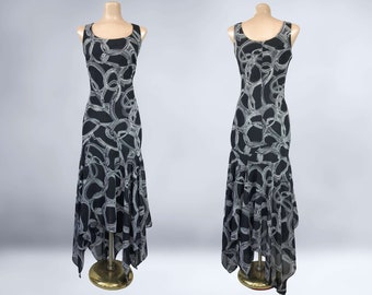 VINTAGE 90s Sheer Black and Ivory Drop Waist Handkerchief Hem Dress Size 12 | 1990s Gatsby Retro 1930s Gothic Fairy Dress | VFG