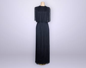 VINTAGE 60s Full Length Black Fringe Evening Dress by Lilli Diamond | 1960s Unique Formal Gown | VFG