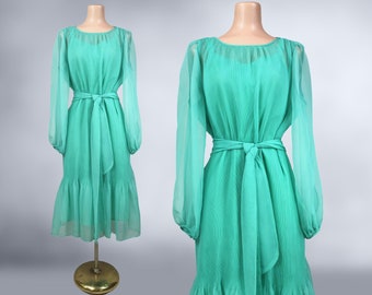 VINTAGE 70s Sea Glass Green Micro Pleated Chiffon Dress by Ruth McCulloch | 1970 Sheer Sleeve Disco Dress and Slip | Stevie Nicks | vfg