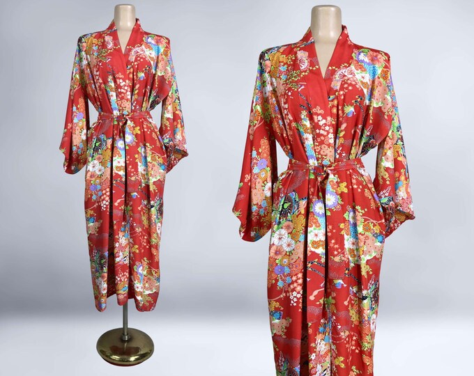 VINTAGE 70s Bold Red Rayon Japanese Kimono Robe With Belt | 1970s Red ...