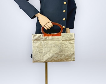 Vintage 60s Space Age Mod Gold Metallic Fold-Over Expandable Handbag Tote Lucite Handles | VFG