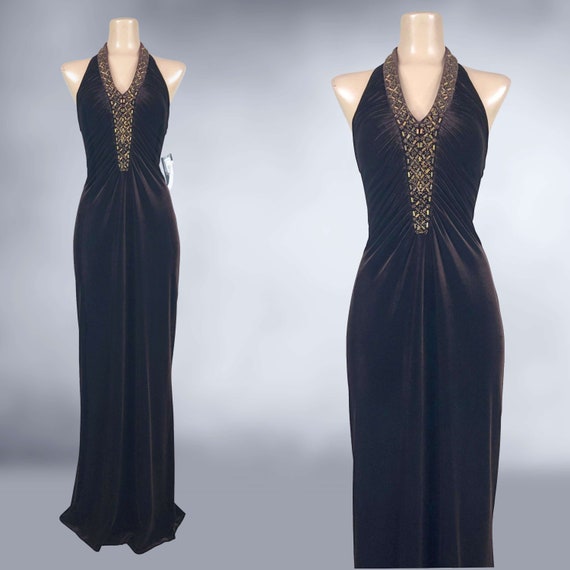 VINTAGE 90s Y2K Brown Velvet Formal Dress with Be… - image 9