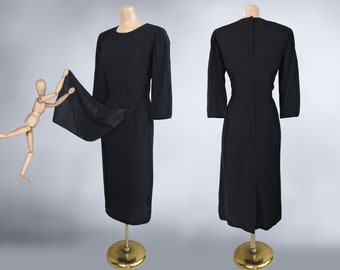 VINTAGE 50s Black Dress with Dramatic Flyaway Front Panel by Jack Mann | 1950s Film Noir Bombshell Cocktail Dress | VFG